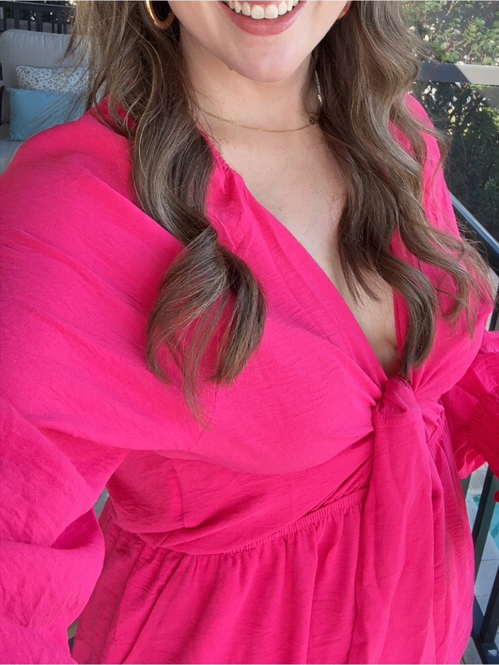 Aelson Boho Deep V-neck Romper Hot Pink Size XL